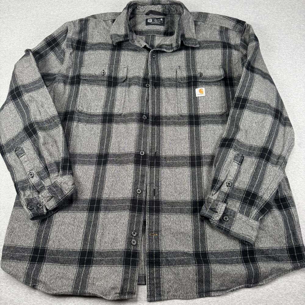 NWOT Carhartt Men's Loose Fit Flannel Plaid Casual Shirt 2XL Gray and Black - Picture 2 of 12